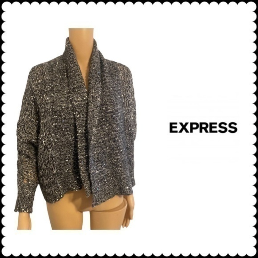 Express Women Sweater Acrylic Mohair Cardigan Open Front Dolman Sleeve Sequins M